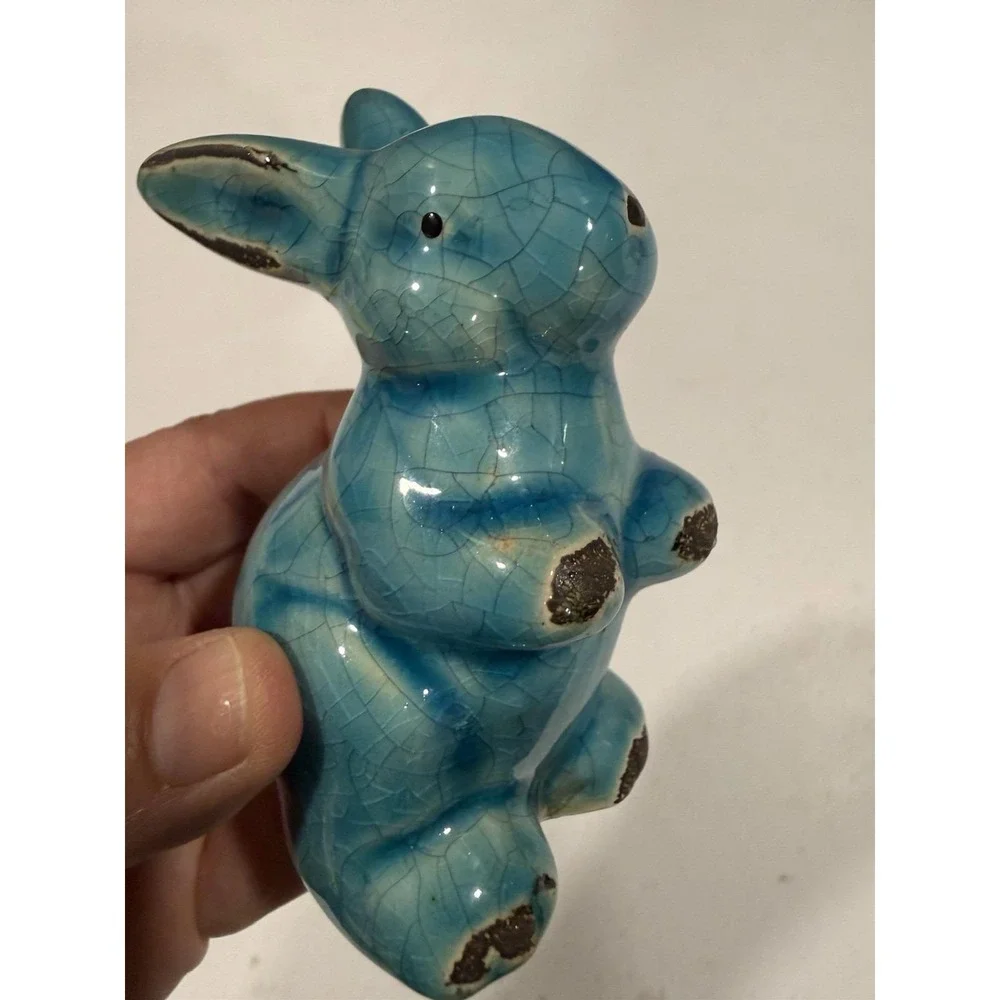 Turquoise Crackle Glaze Rabbit Figurines (2) Distressed Vintage Style